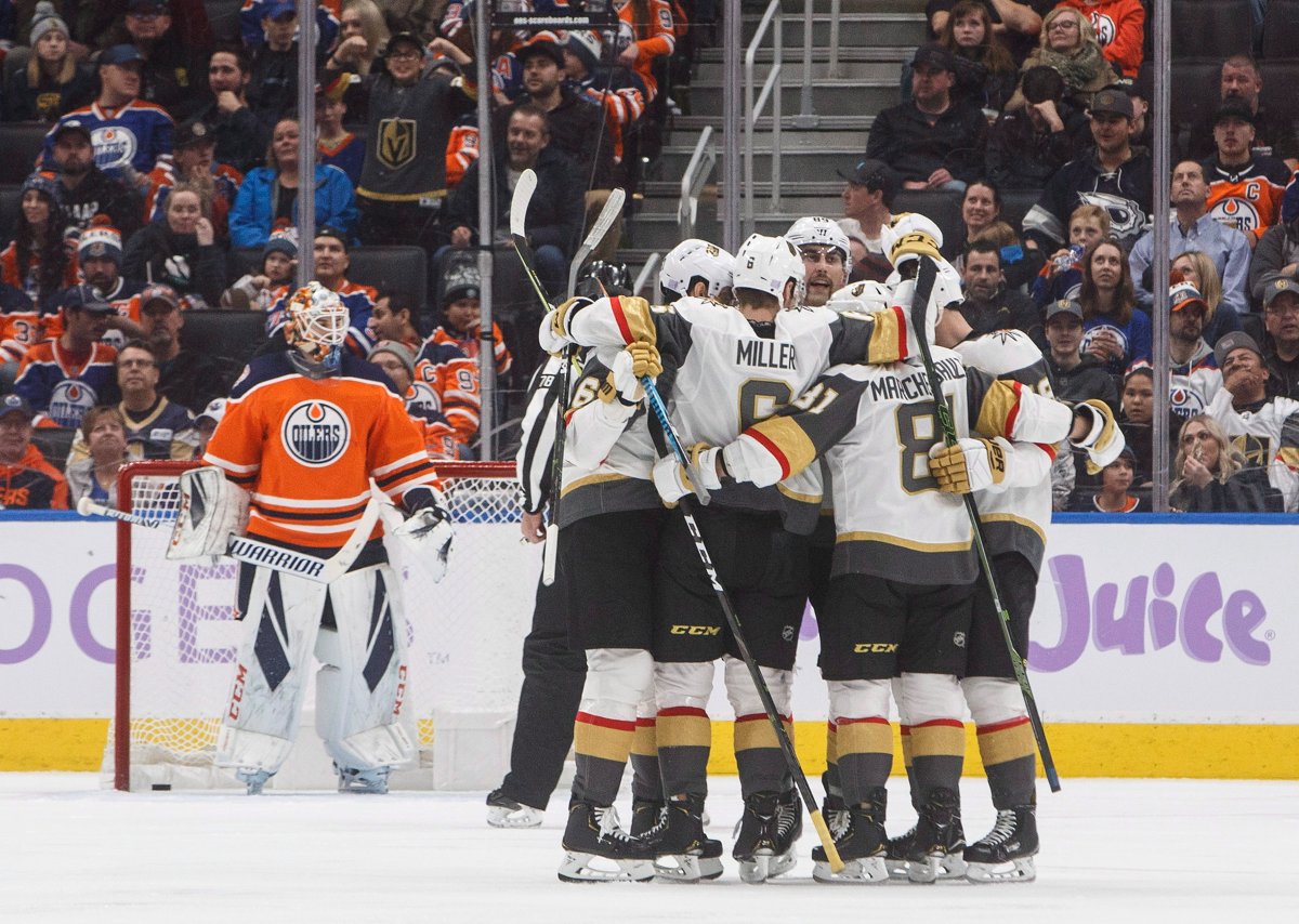 Vegas Golden Knights celebrate a goal as Edmonton Oilers goalie Cam Talbot (33) looks on during second period NHL action in Edmonton, Alta., on Sunday November 18, 2018. THE CANADIAN PRESS/Jason Franson.