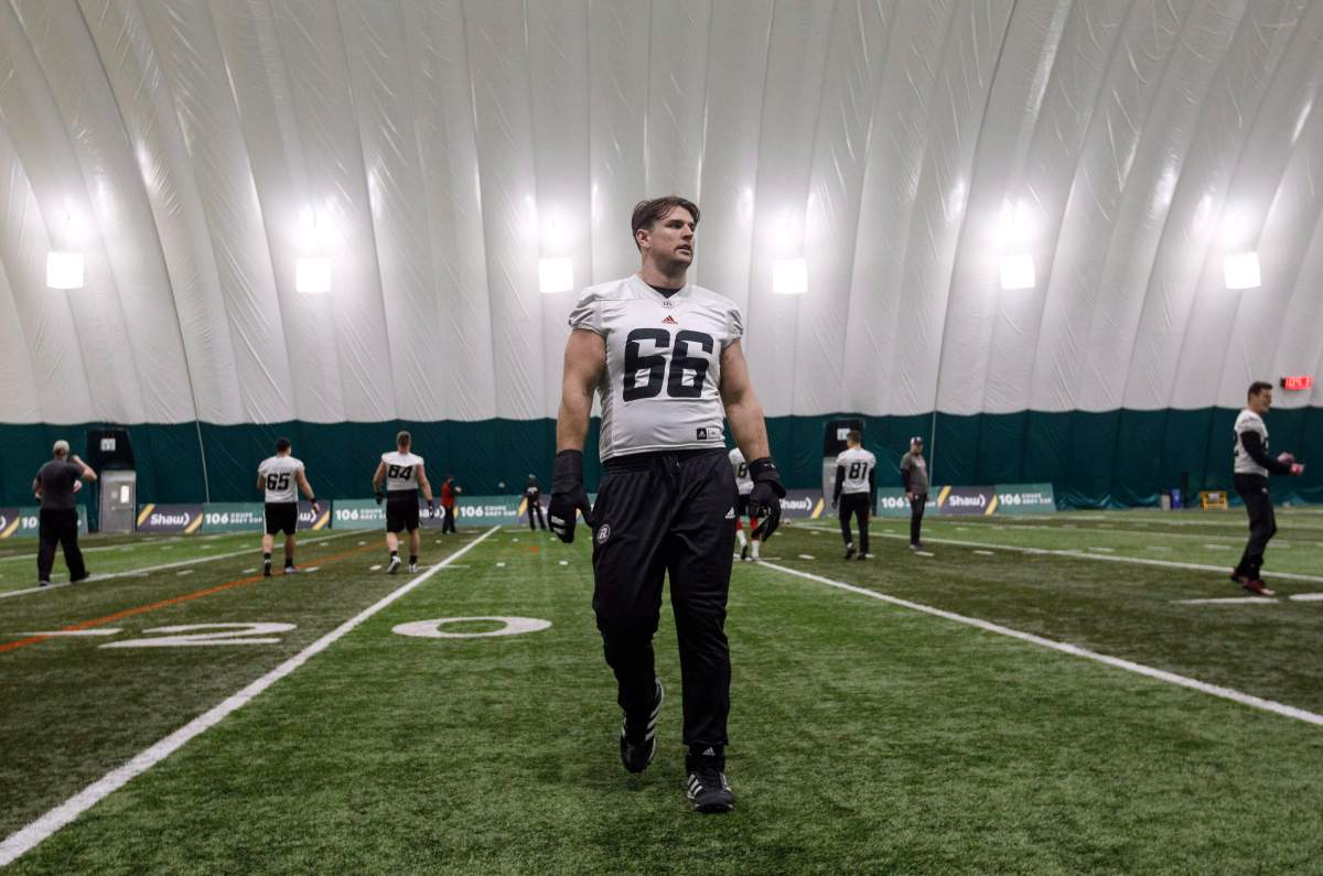 Ottawa Redblacks Nolan MacMillan (66) takes part in practice, in preparation for Grey Cup, in Edmonton, Wednesday, Nov. 21, 2018. 