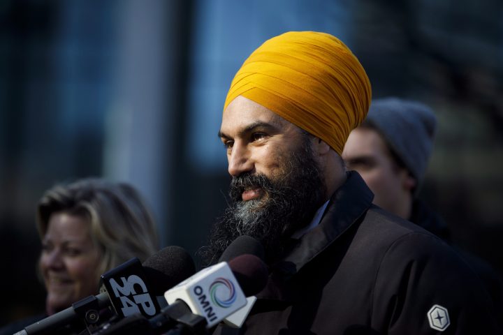 Federal NDP leader Jagmeet Singh speaks during a press conference to comment on the cuts made by Ontario Premier Ford to planned Ontario Francophone universities, in Toronto on Thursday, Nov. 22, 2018. 