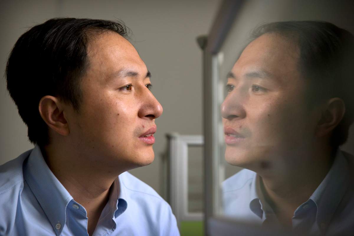 In this Oct. 10, 2018 photo, He Jiankui is reflected in a glass panel as he works at a computer at a laboratory in Shenzhen in southern China’s Guangdong province. Chinese scientist He claims he helped make world’s first genetically edited babies: twin girls whose DNA he said he altered. He revealed it Monday, Nov. 26, in Hong Kong to one of the organizers of an international conference on gene editing. (AP Photo/Mark Schiefelbein)