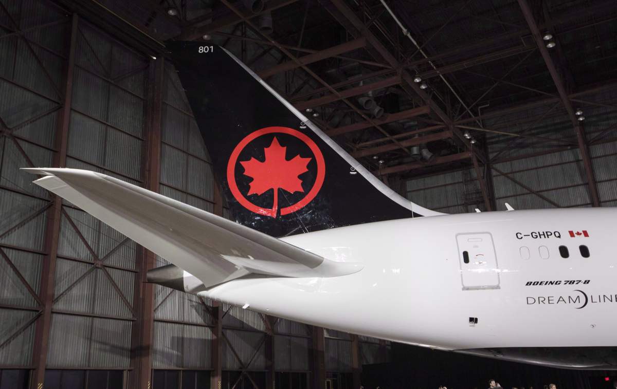 The tail of the newly revealed Air Canada Boeing 787-8 Dreamliner aircraft is seen at a hangar at the Toronto Pearson International Airport in Mississauga, Ont., on February 9, 2017.