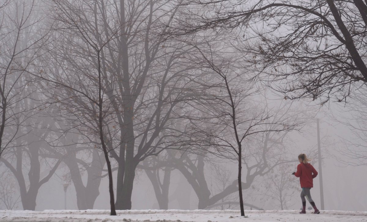 A woman runs down in a Montreal park during a foggy morning on Monday, November 26, 2018. 