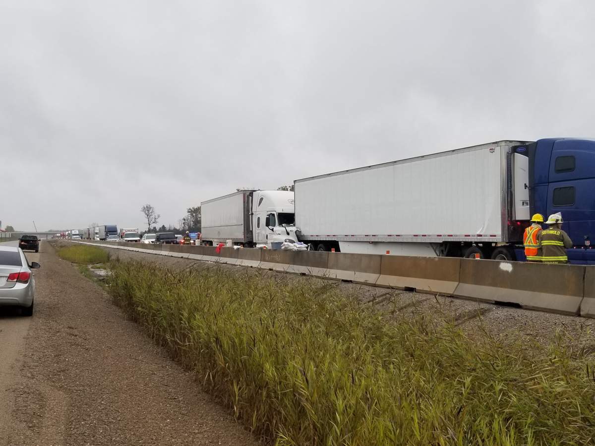 The pair of tractor trailers involved in the collision near Mill Road.