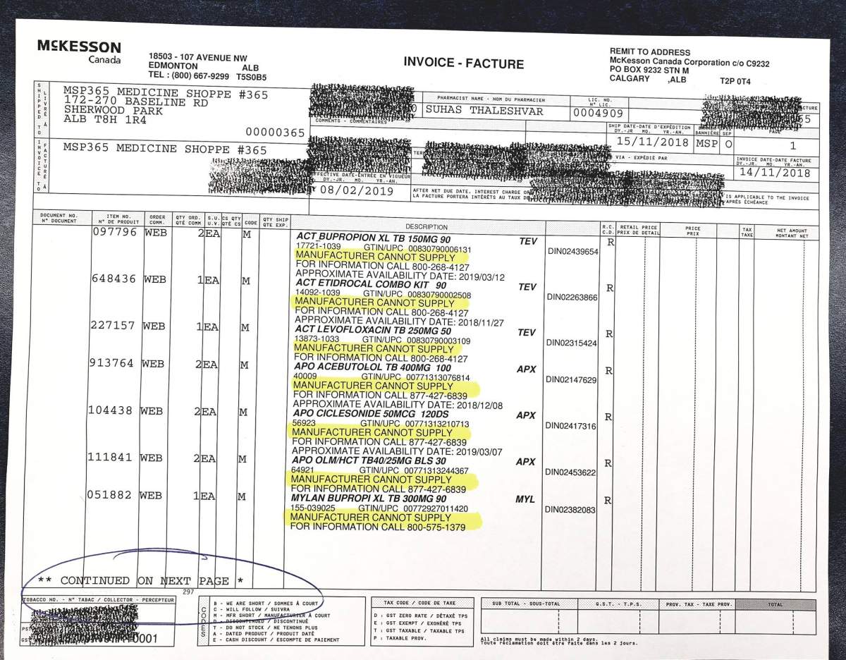 Suhas Thaleshvar, a Sherwood Park pharmacist and owner of Medicine Shoppe, shared his half-filled invoice of medicine online Nov. 2018.