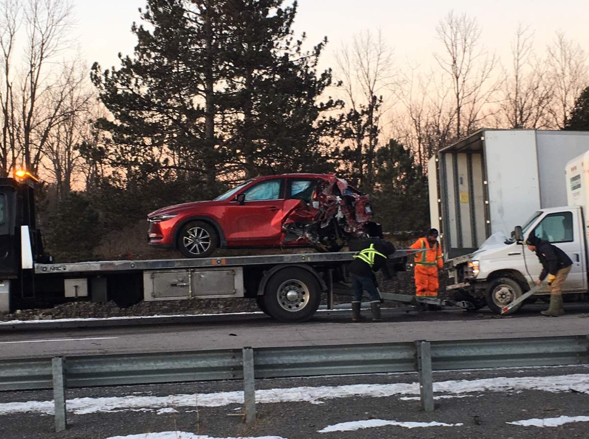 A major collision has closed Highway 401 near Odessa in both directions. THe collision involved a transport truck and a car, shown in this photo.