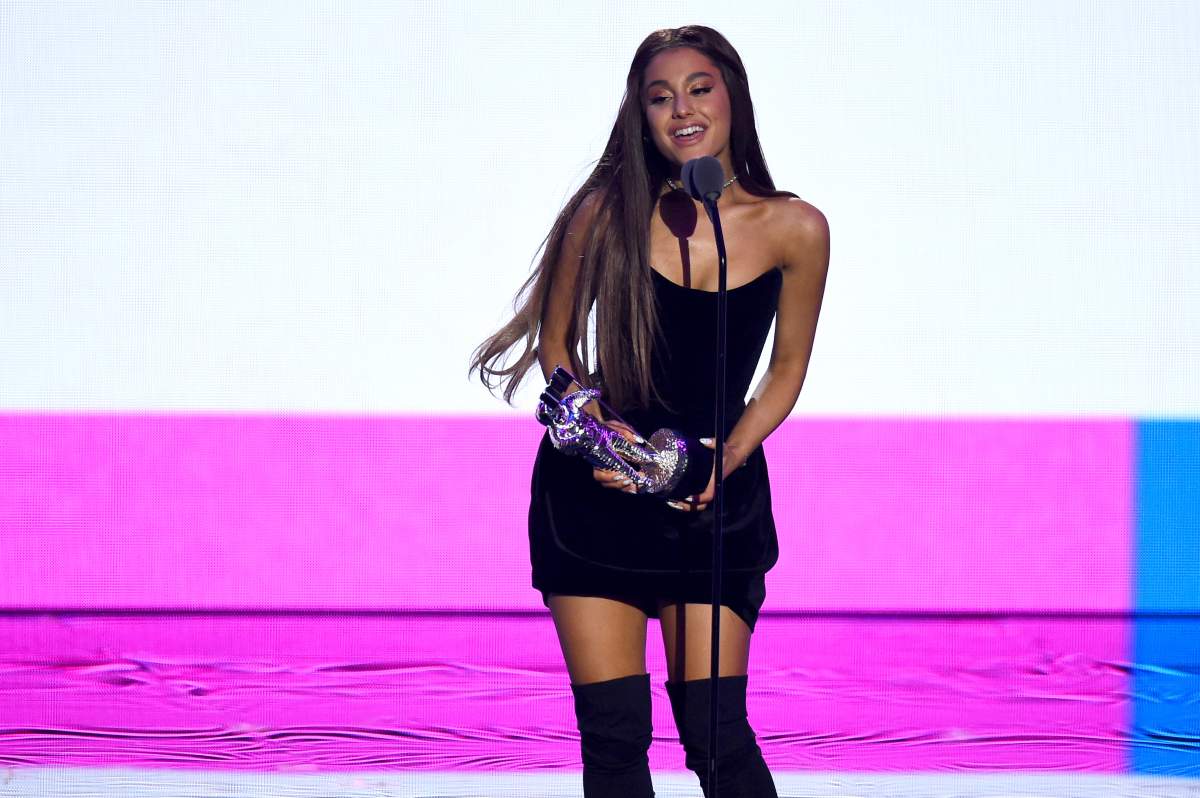 Ariana Grande accepts an award at the MTV Video Music Awards at Radio City Music Hall on Aug. 20, 2018 in New York City.