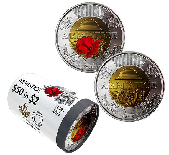 Canadian 2018 COLOURED 100th Anniversary of Armistice $2.00 coin 
