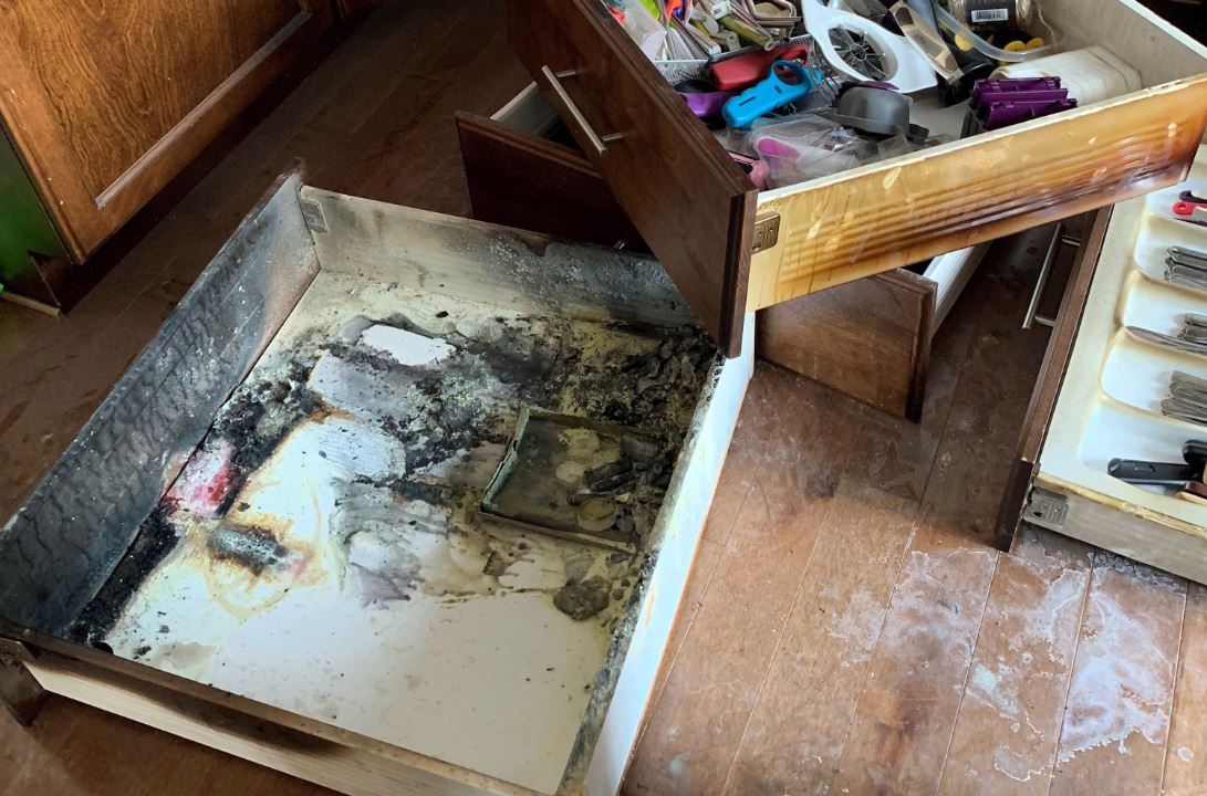 The aftermath of a fire started by overheated batteries in a drawer are shown in Charlottetown in this recent handout photo. 