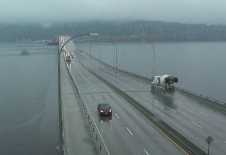 It’s a rainy Thursday in the Okanagan, as witnessed by this photo of the W.R. Bennett Bridge.