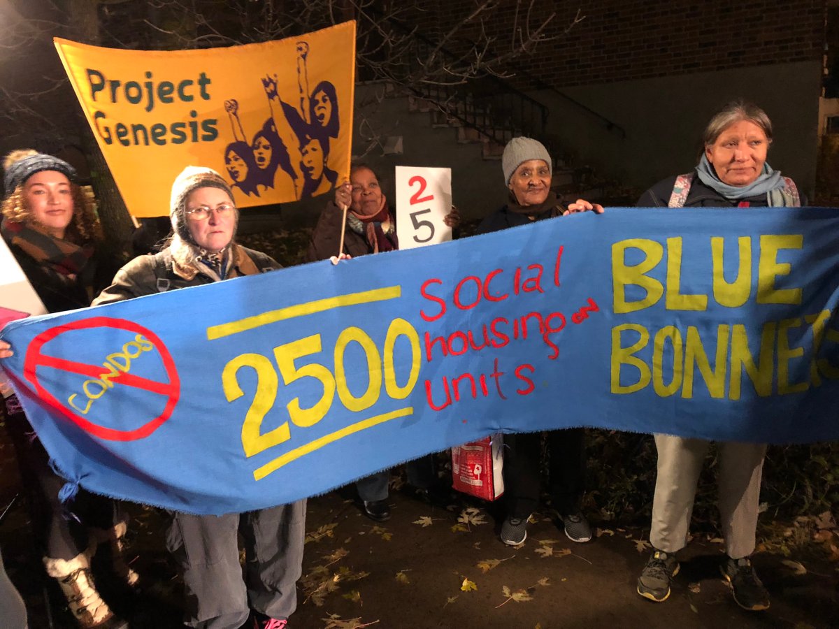 Protesters in Côte-des-Neiges want the borough to commit to more social housing in the area. Monday, Nov. 5, 2018.
