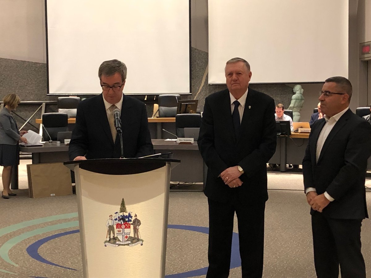 Bob Monette (centre) was the city councillor for Orléans for 12 years. Monette is pictured here with Ottawa Mayor Jim Watson (left) and city manager Steve Kanellakos (right) during his final city council meeting at Ottawa City Hall on Nov. 28, 2018.