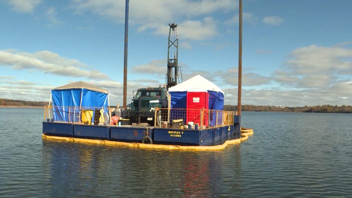 Geo-technical work underway on this barge and drill in Cataraqui River to test for future footings of Kingston’s $180M third bridge crossing.