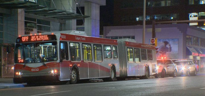 A city bus hit a pedestrian at 14 Avenue S.W. and 4 Street S.W. on Tuesday night., Calgary police said.