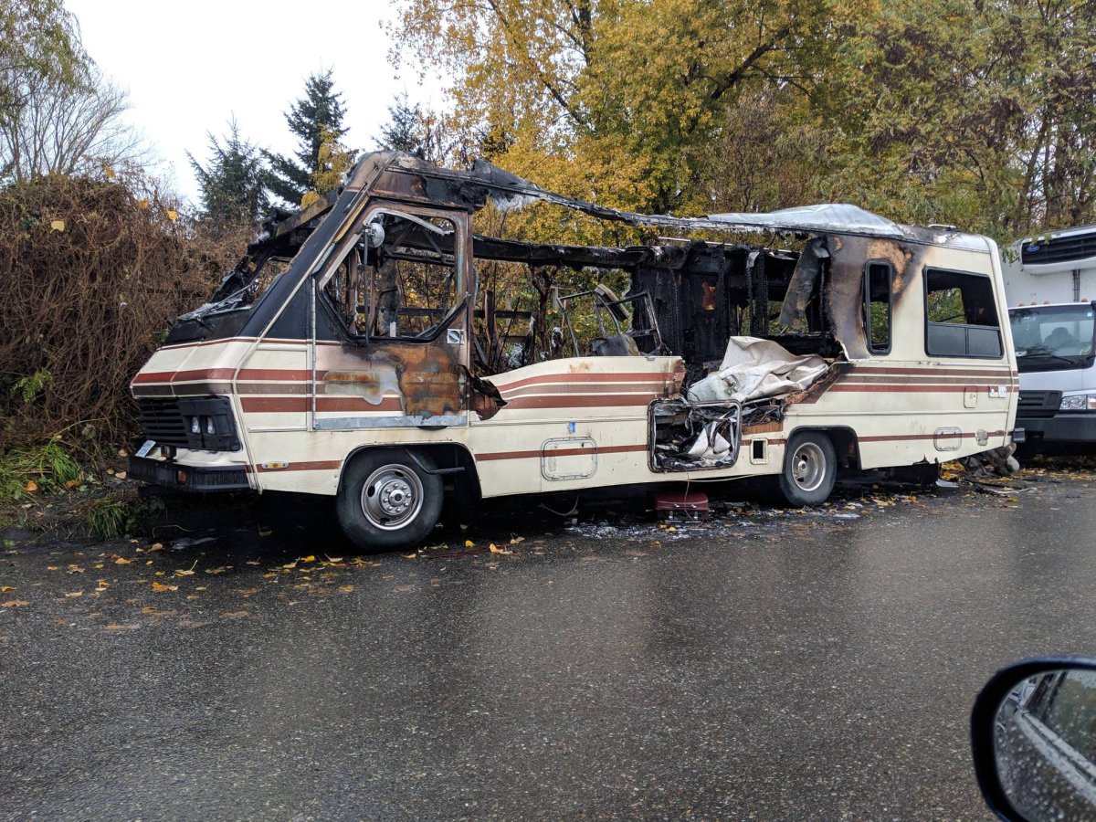 Vancouver Fire and Rescue Services says the camper was destroyed in the early hours of Thursday morning. No one was hurt. 