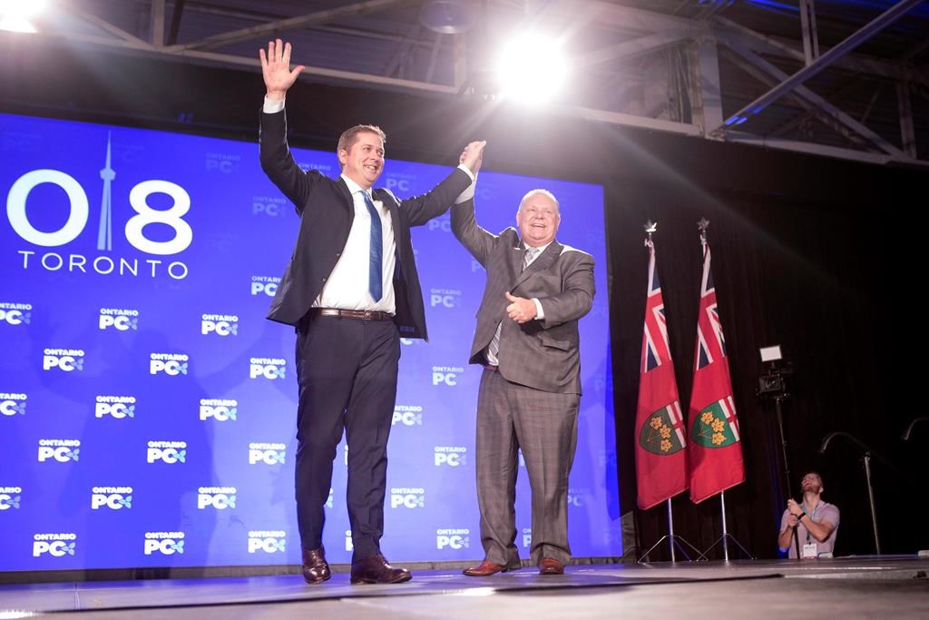 Federal Conservative Leader Andrew Scheer, left, is joined on stage by Ontario Premier Doug Ford after addressing the Ontario PC Convention in Toronto on Saturday, November 17, 2018.
