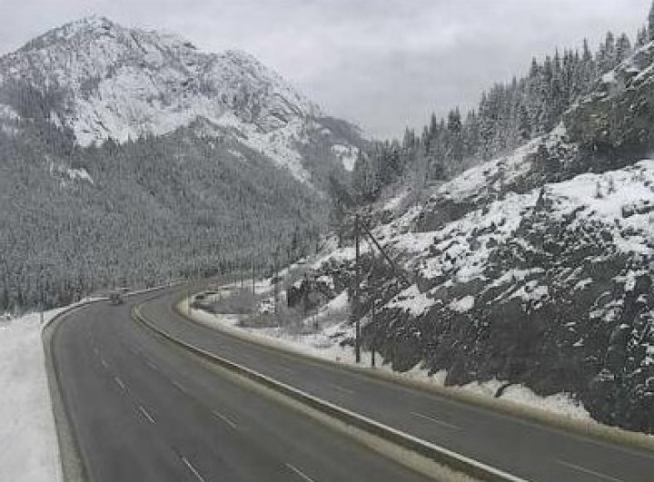 The view from a DriveBC camera looking south on Highway 5 at the Coquihalla Summit on Sunday morning. 