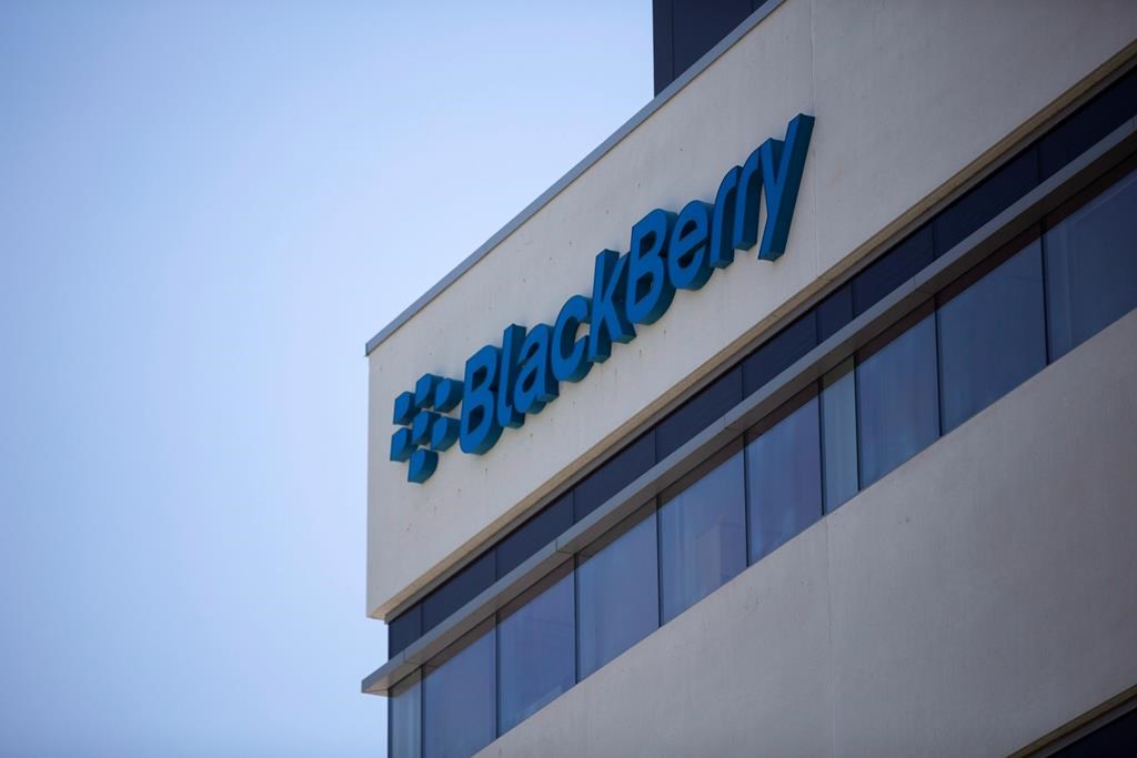 The Blackberry logo located in the front of the company's B building in Waterloo, Ont. on Tuesday, May 29, 2018.
