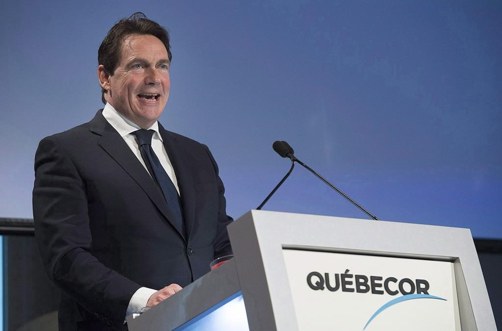 Quebecor President and CEO Pierre Karl Peladeau speaks at the company's annual general meeting in Montreal, Thursday, May 11, 2017. Quebecor Inc. is reporting that profits dropped by nearly one-fifth in the third quarter.