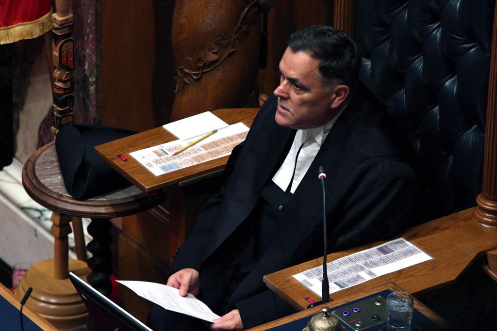 Speaker of the legislature Darryl Plecas delivers remarks before the speech from the throne in the legislative assembly in Victoria, B.C., on September 8, 2017. The Opposition Liberals say the Speaker of the British Columbia legislature wanted his special adviser appointed acting sergeant-at-arms before two top officials were placed on administrative leave this week pending an investigation. Liberal house leader Mary Polak released a sworn affidavit today saying Speaker Darryl Plecas told the three house leaders on Monday that he wanted Alan Mullen appointed the acting sergeant-at-arms. THE CANADIAN PRESS/Chad Hipolito.