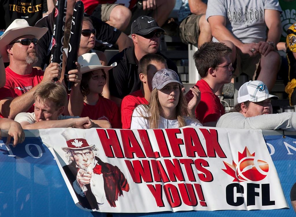 Halifax fans show their support for an East Coast franchise as the Calgary Stampeders and Hamilton Tiger-Cats compete in CFL action in Moncton, N.B. on Sunday, Sept. 25, 2011.