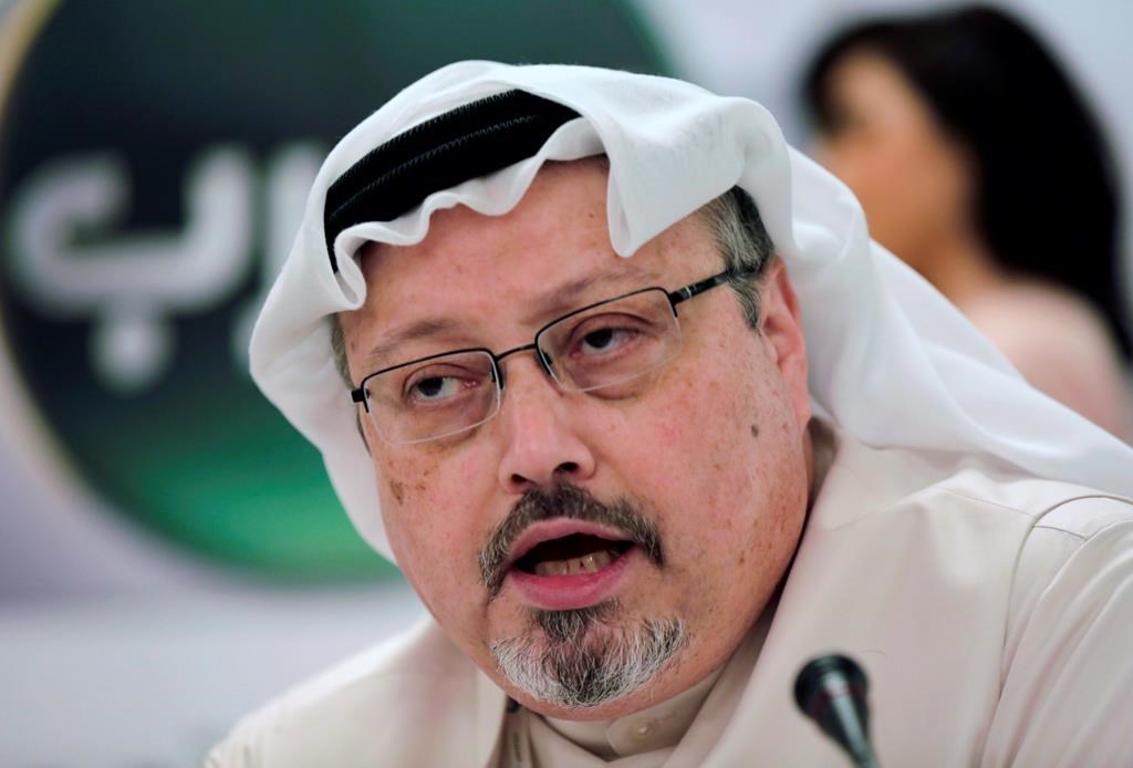 In this Feb. 1, 2015 file photo, Saudi journalist Jamal Khashoggi speaks during a news conference in Manama, Bahrain.