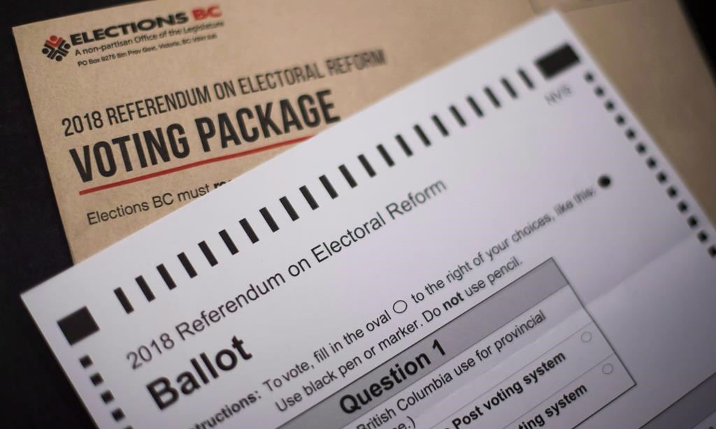 The 2018 Referendum on Electoral Reform package and mail in ballot from Elections B.C. is pictured in North Vancouver, B.C., Thursday, Nov. 1, 2018.