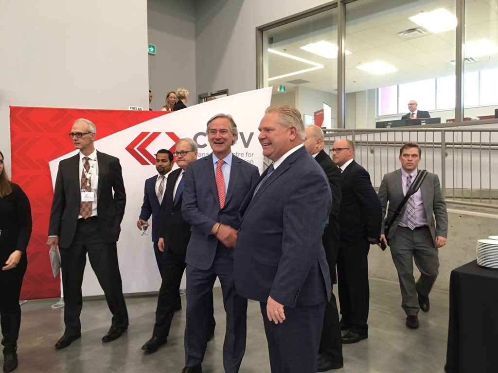 Maple Leaf Foods President and CEO Michael McCain shakes hands with Premier Doug Ford, during the announcement of a $660-million poultry processing plant in London on Nov. 27/2018. 