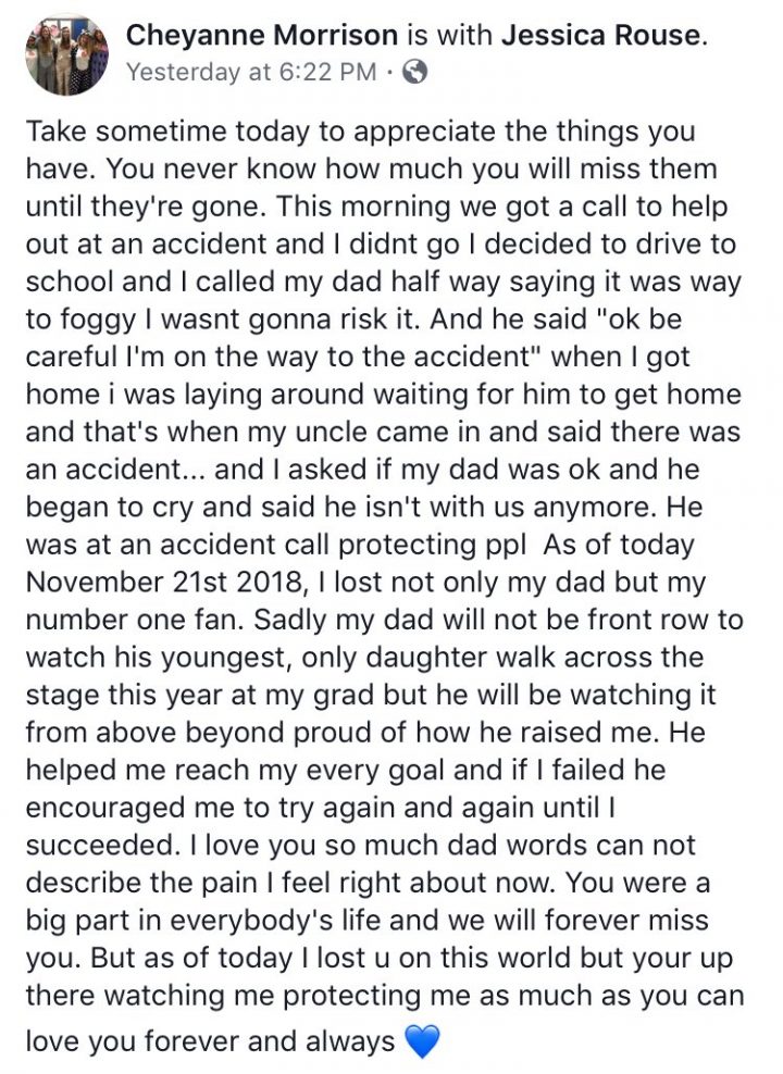 Posting on Cheyanne Morrison’s Facebook page.