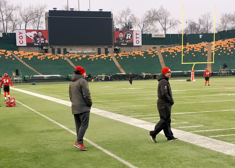The Calgary Stampeders prepare to play the 106th Grey Cup on the home side of the field at Commonwealth Stadium.