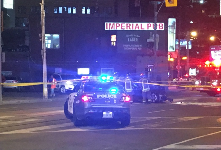 Police investigate a crash at Dundas Street and Victoria Street in Toronto on Nov. 29, 2018.