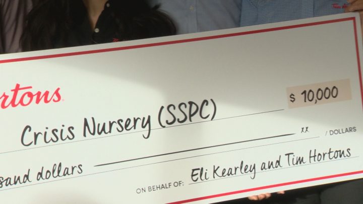 A local Tim Hortons donated $10, 000 to the Saskatoon Crisis Nursery on behalf of 10-year-old Eli Kearley.