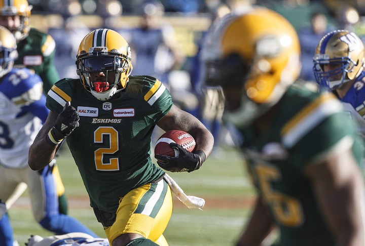 Edmonton Eskimos C.J. Gable (2) makes a run against the Winnipeg Blue Bombers during first half CFL action in Edmonton, Alta., on Saturday November 3, 2018.
