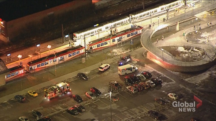 Global1 footage shows CTrains stopped at the Heritage LRT station after a fatal collision.
