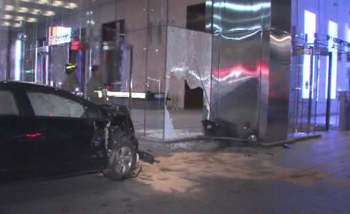 The glass exterior of the Bay Adelaide Centre is shattered following a crash on Nov. 12, 2018.