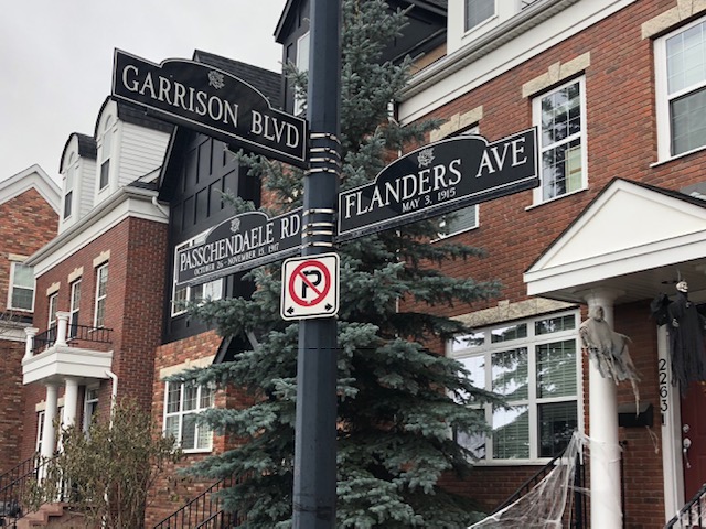 A street sign in Garrison Woods shows streets named after battles fought by Canadians in the First World War.