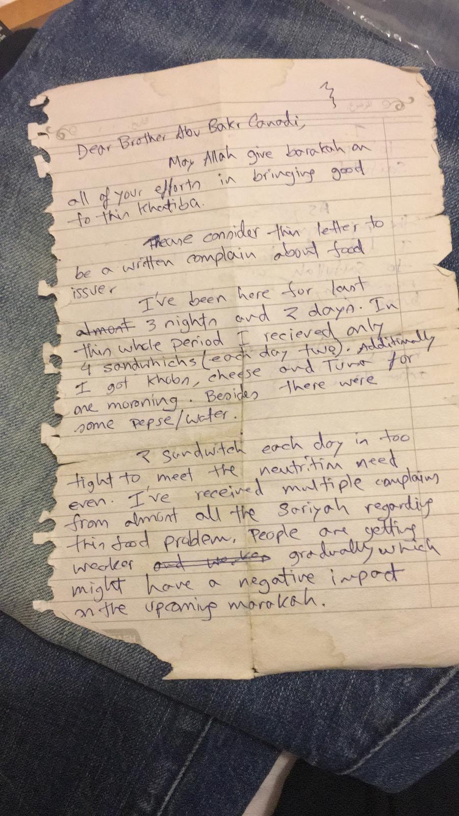 A photo of a letter British anti-ISIS fighter Macer Gifford said he found in Raqqah in September 2017.