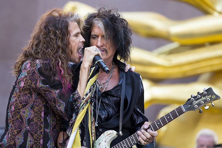 (L-R) Steven Tyler and Joe Perry of Aerosmith perform on Aug. 15, 2018. Aerosmith.