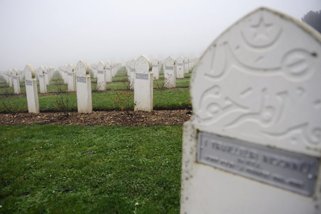 The tombstones of Muslim soldiers are seen in the Douaumont ossuary on Dec. 5, 2013, during the burial of French soldiers who died during the First World War.