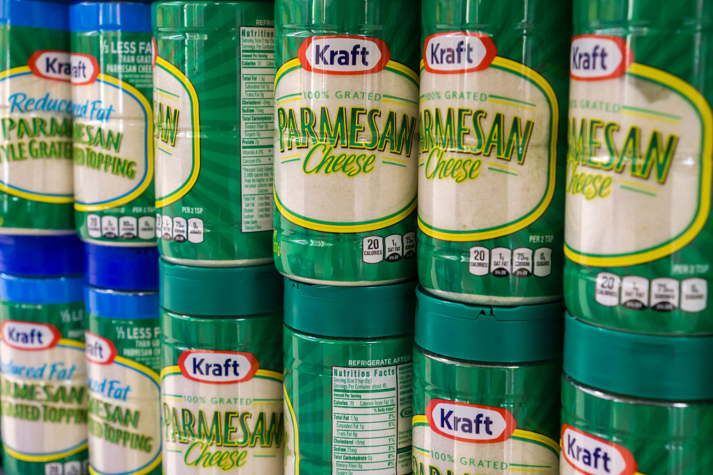 Containers of Kraft brand Parmesan cheese on a supermarket shelf in New York on Tuesday, February 16, 2016.