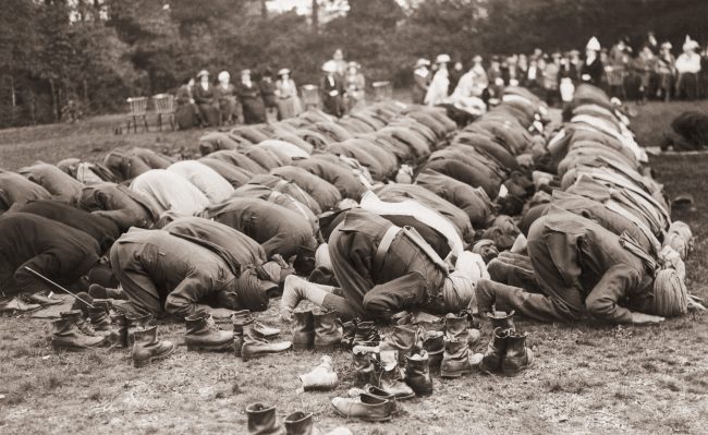Indian troops serving with the British Army pray outside the Shah Jahan Mosque in Woking, Surrey, during the Muslim festival of Eid al-Adha in 1916.