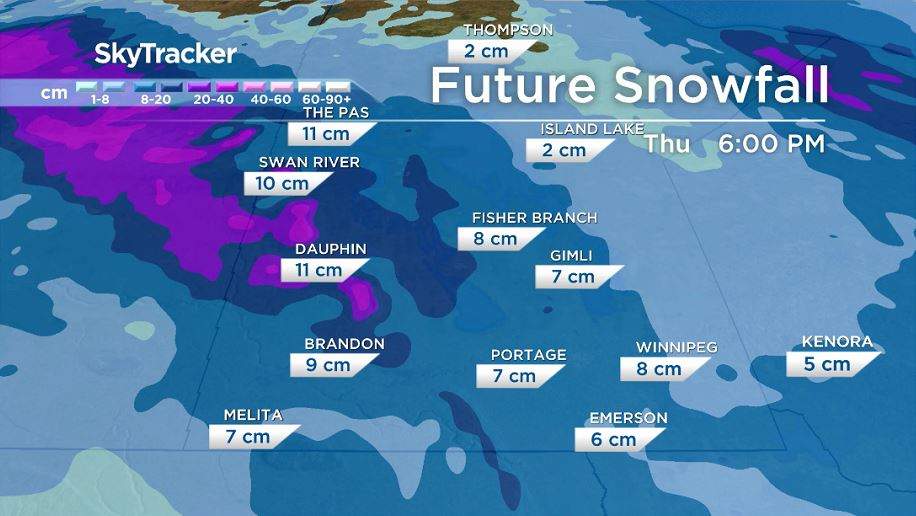GFS Model showing expected snowfall by Thursday evening.