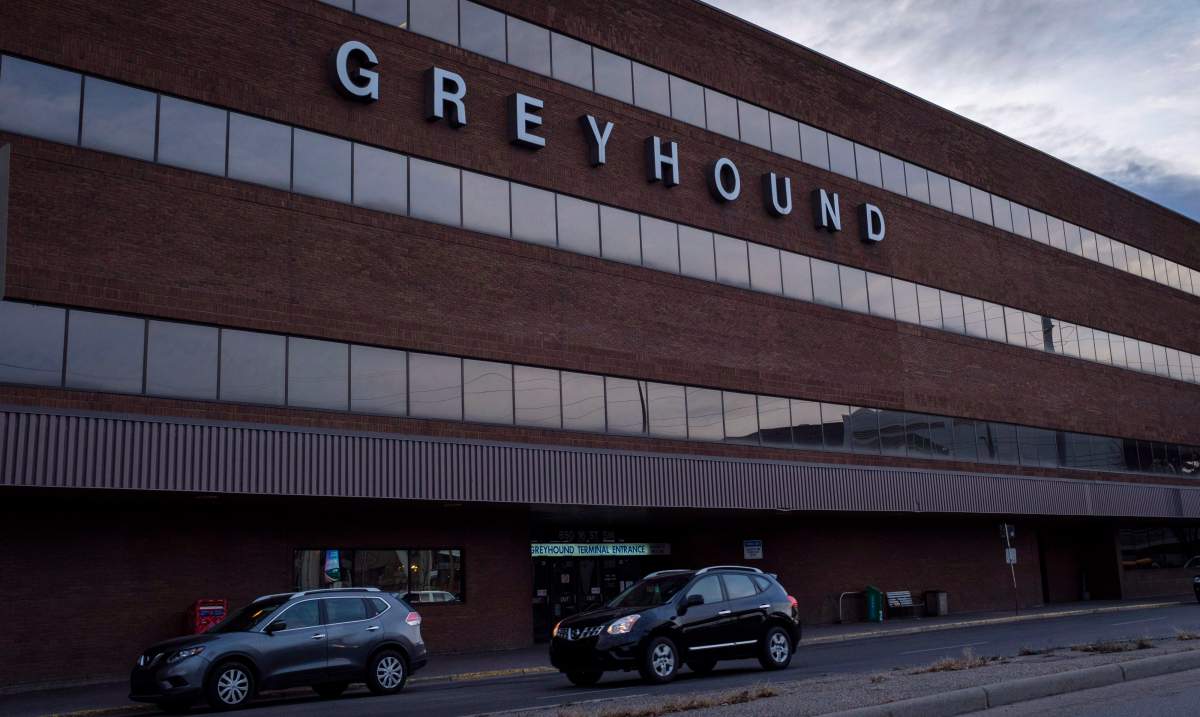 Vehicles are seen outside the Greyhound bus terminal in Calgary, Alta., Wednesday, Oct. 31, 2018.