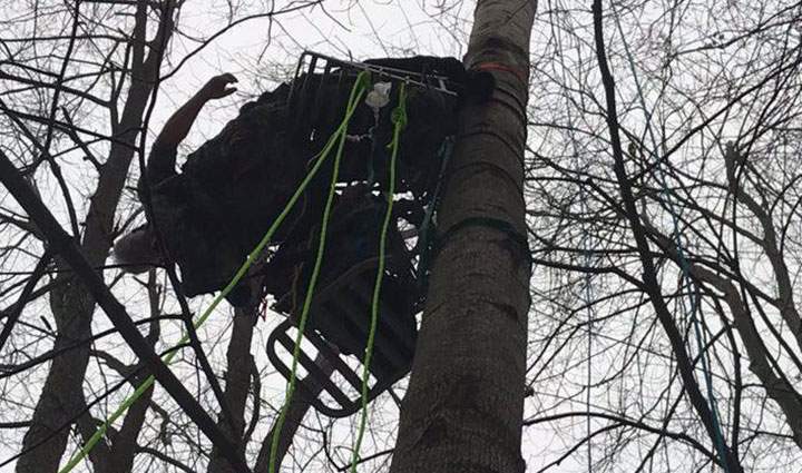 A hunter in Michigan had to be rescued after falling backwards off a tree stand, hanging upside down and dangling about 40 feet from the ground for nearly two hours, resembling a human piñata.