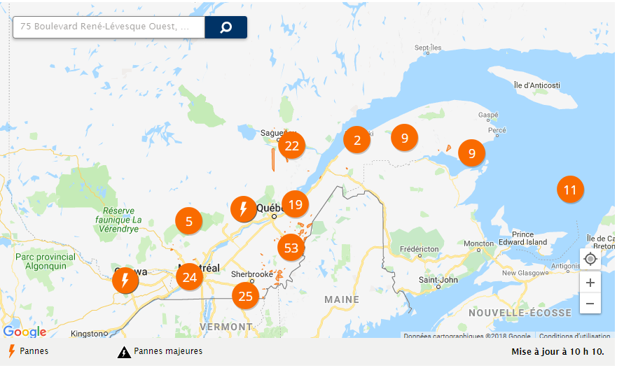 Hydro-Quebec map of outages Sunday November 4, 2018.