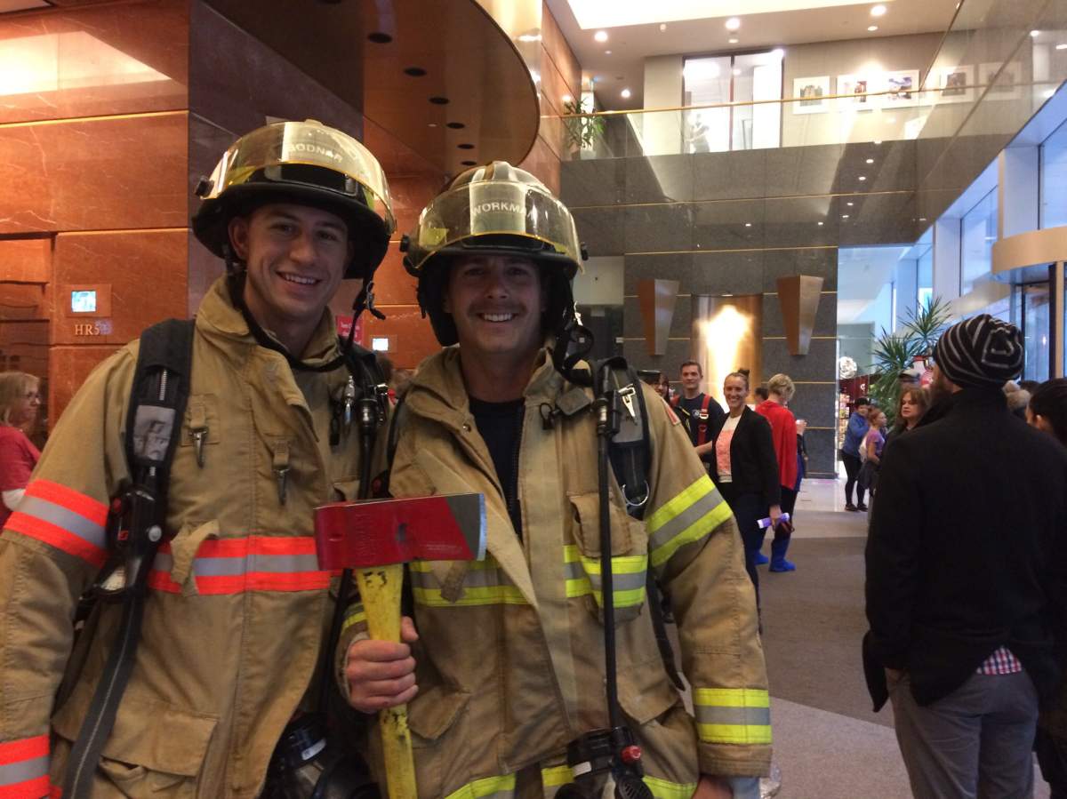 Nelson Bodnar (left) and Cody Workman (right) did the stairclimb wearing 50lbs of firefighting equipment.