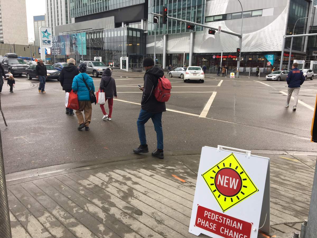 The new pedestrian scramble crosswalk at 104 Avenue and 102 Street near Rogers Place in downtown Edmonton, Alta. November 15, 2018.