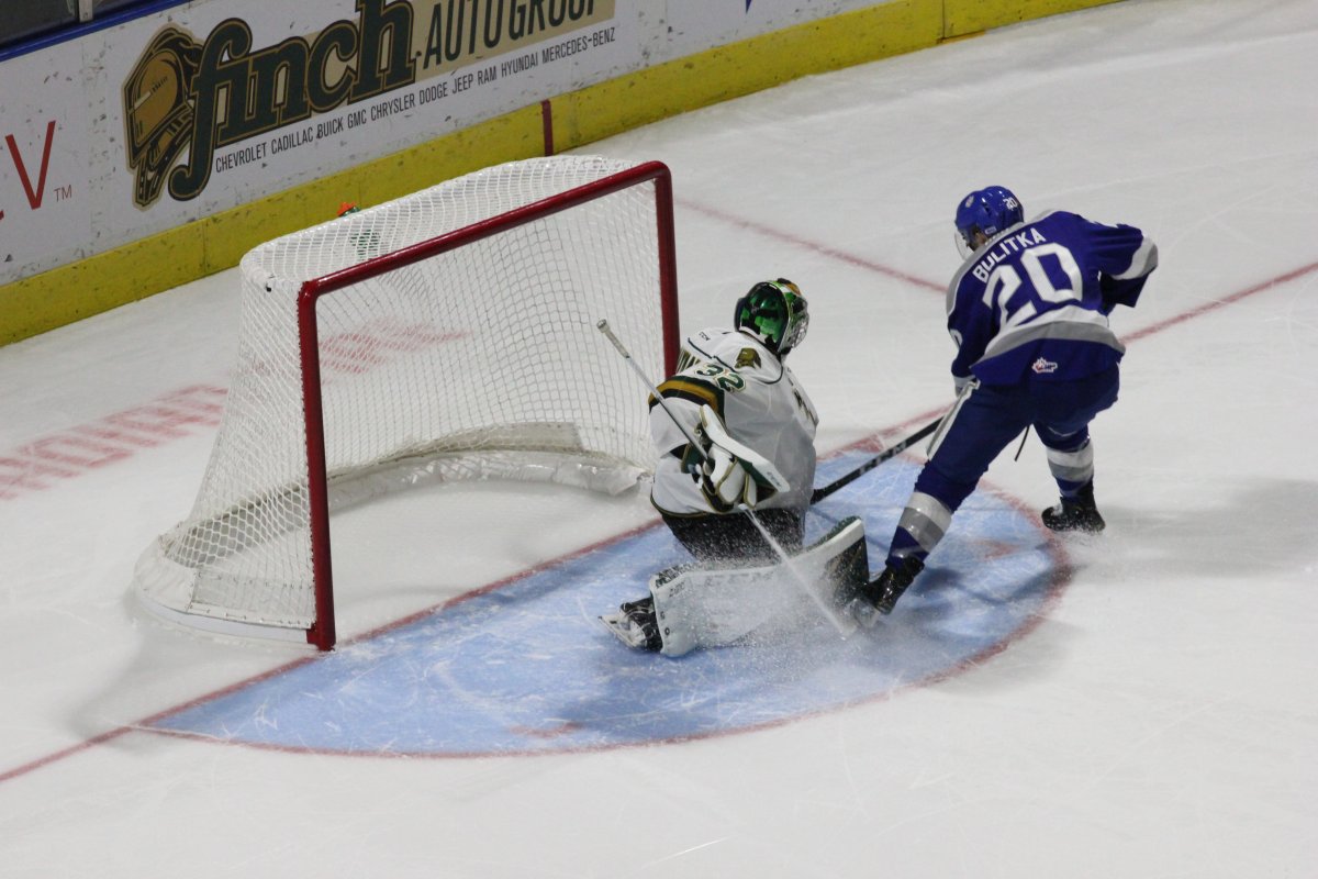London Knights goalie Joseph Raaymakers denies Ilderton's Shane Bulitka at the side of the London net to seal London's 2-1 shootout win over the Sudbury Wolves.