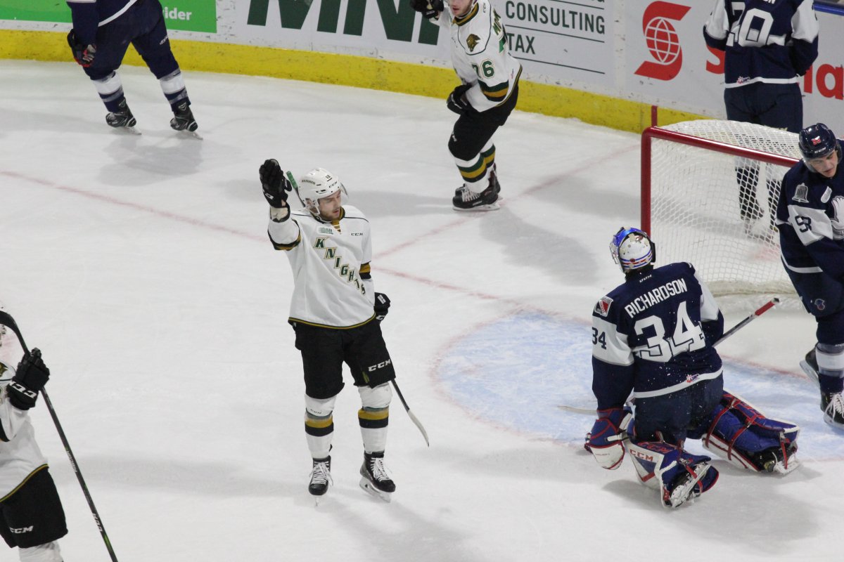 London, Ont. - Alex Turko of the London Knights celebrates his first goal of the season as part of a 5-1 win over the Kitchener Rangers at Budweiser Gardens on November 11, 2018.