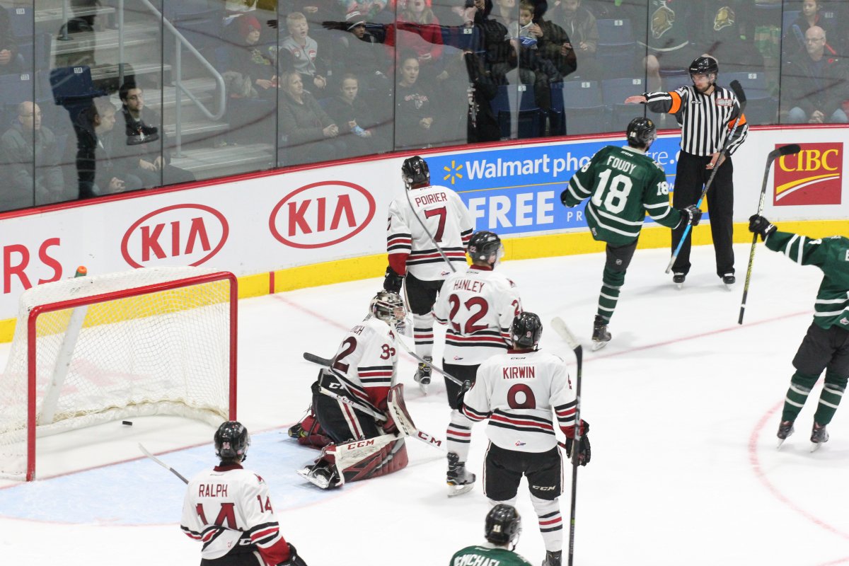 Guelph, Ont. - Liam Foudy celebrates a game-tying goal with 2:52 remaining in the third period to help the Knights earn a 2-1 shootout victory over the Guelph Storm and take over first place in the OHL's Western Conference,.