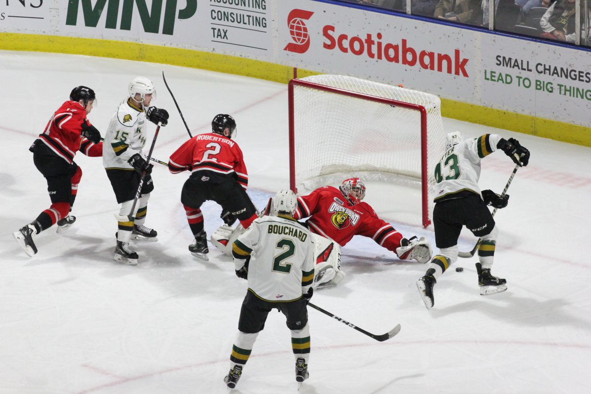 The London Knights swarm the Owen Sound Attack crease during a 7-2 victory at Budweiser Gardens on Nov. 23, 2018.